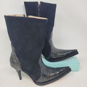 Jugo Western Cowgirl Boots Black Suede Gold Embossed Leather Womens sz 7 Floral